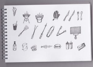 barbecue themed illustrations in sketchbook