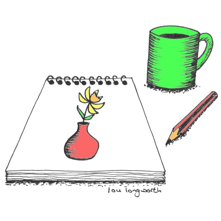 Drawing of sketchbook, pencil and mug