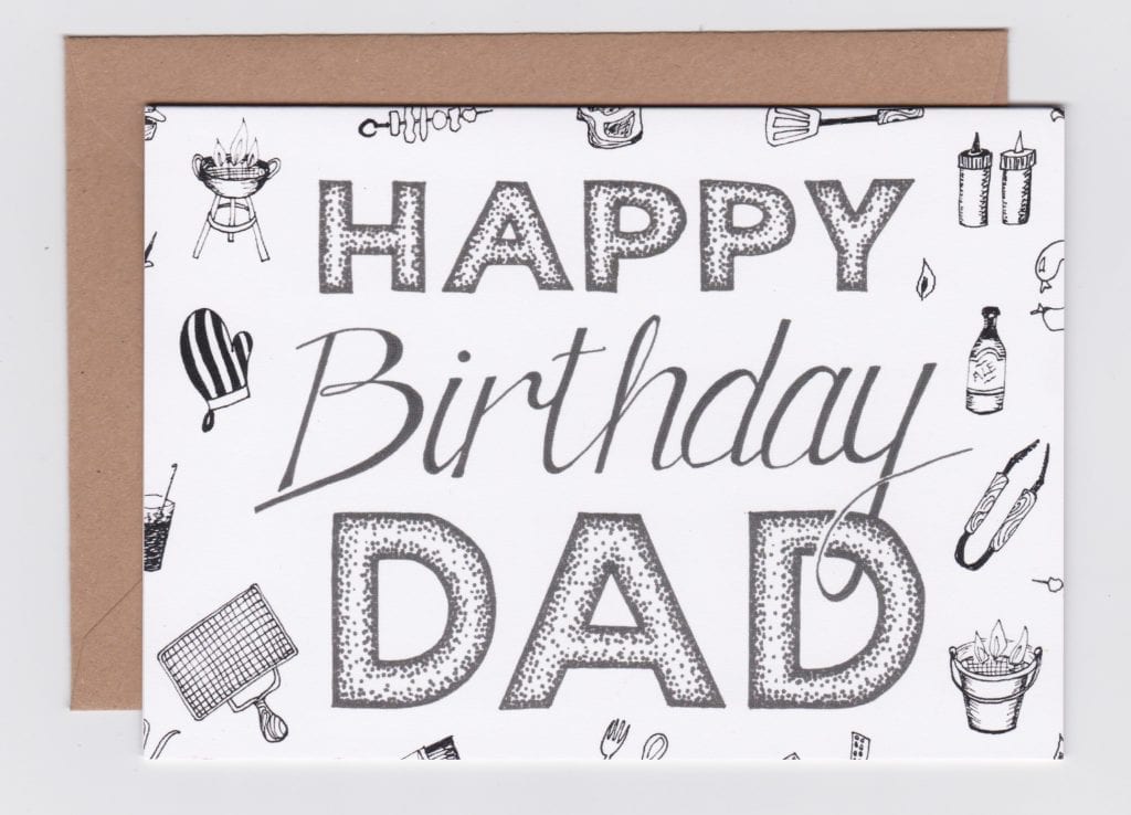 Black and white barbecue themed illustrations on birthday card