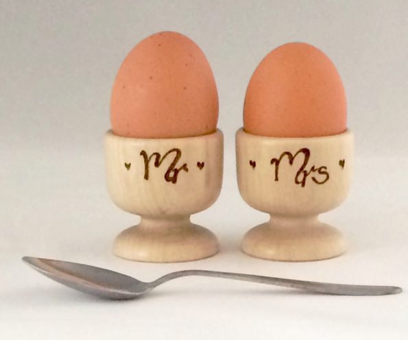 wood burning mr and mrs design on egg cups