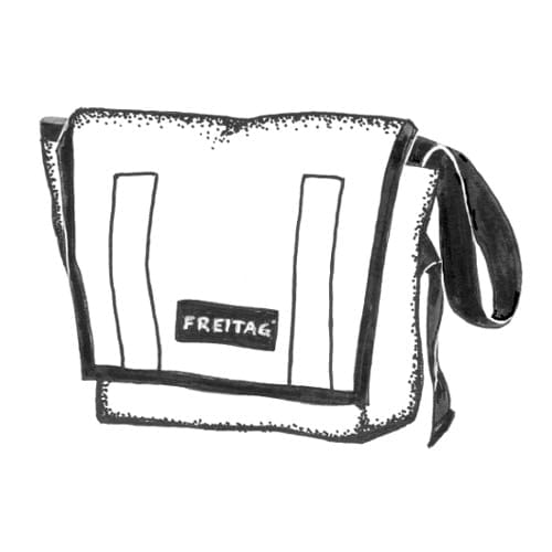 Black and white ink drawing of Freitag bag
