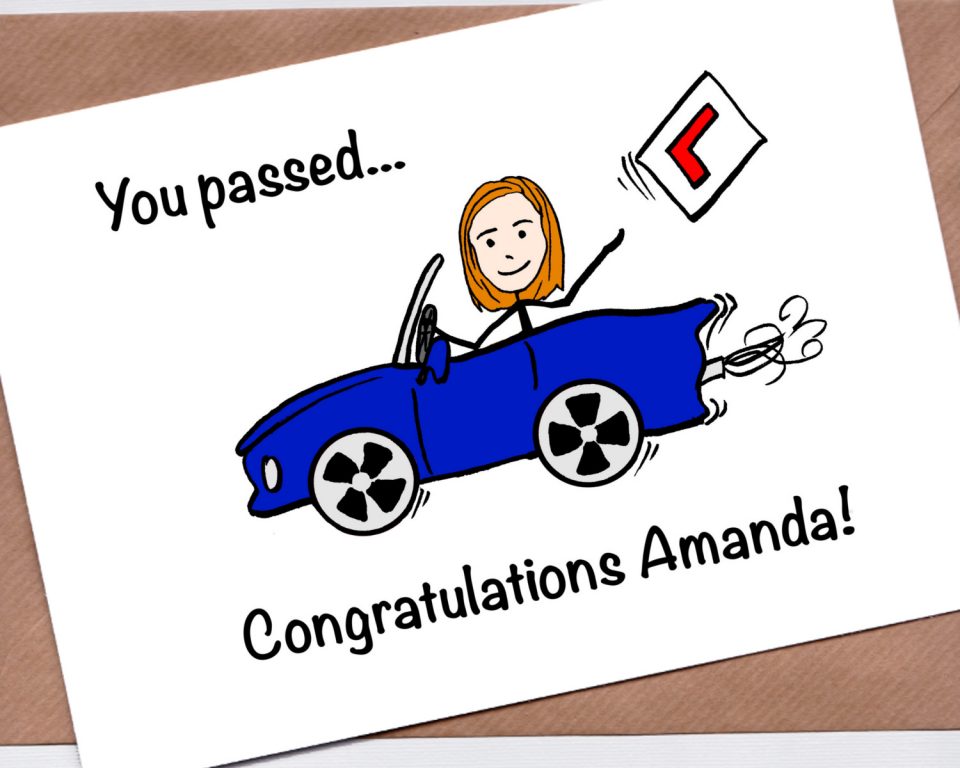 Driving test card - girl with blue car