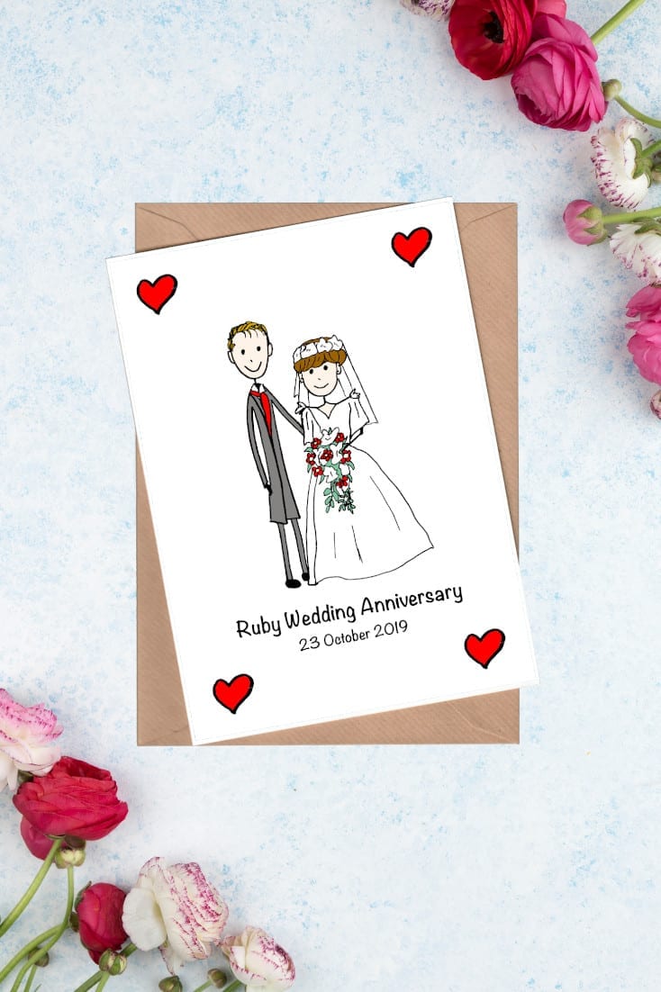 Custom Cartoon Portrait Ruby Wedding Anniversary Card 