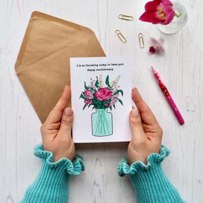 Vase of Flowers Anniversary Card in hands