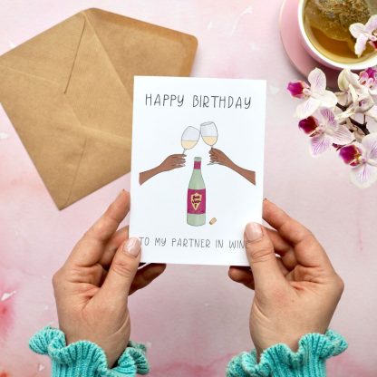 Hands holding Partner in Wine Birthday Card - White