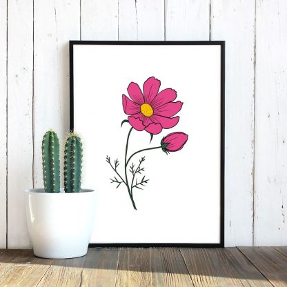 Cosmos Flower Print in frame next to cactus