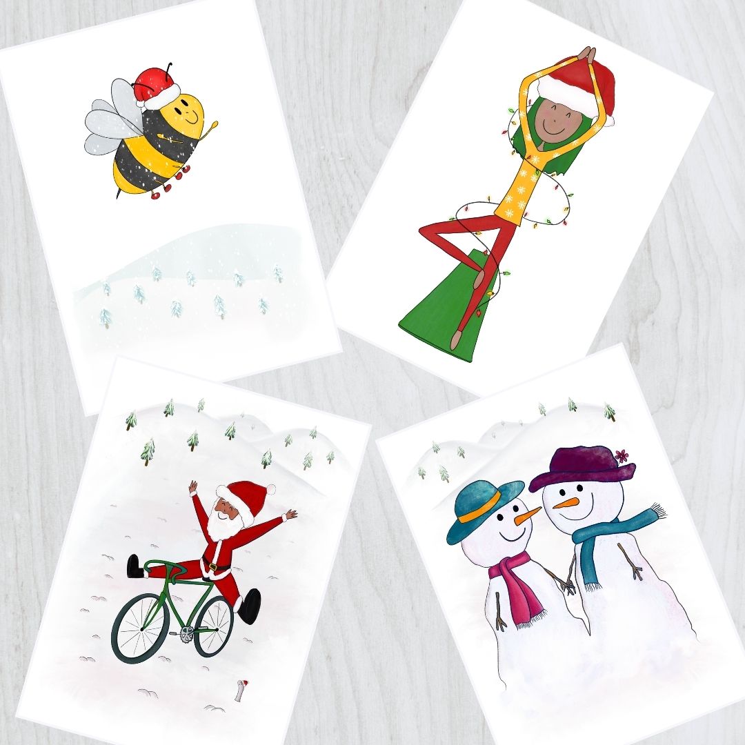 4 different Christmas card illustrations on a white wood background