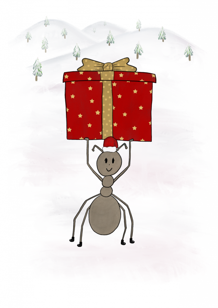 Illustration of ant carrying Christmas present