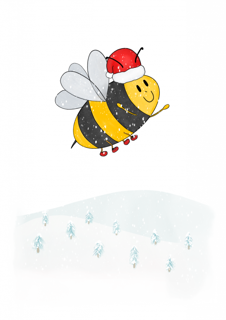 Illustration of bee with Christmas hat flying over snowy landscape