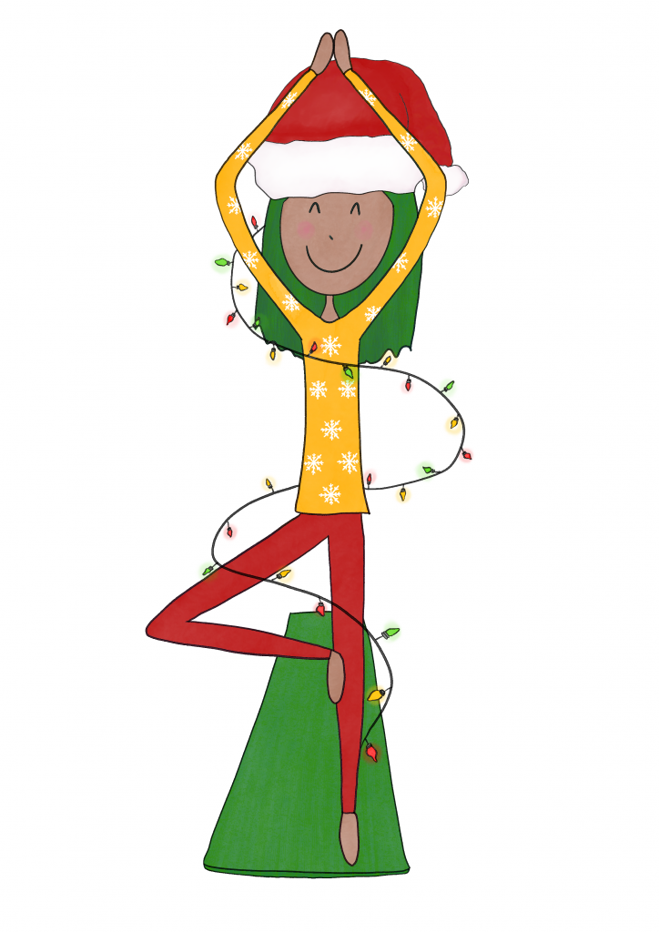 Illustration of figure in yoga tree pose with Christmas light wrapped around