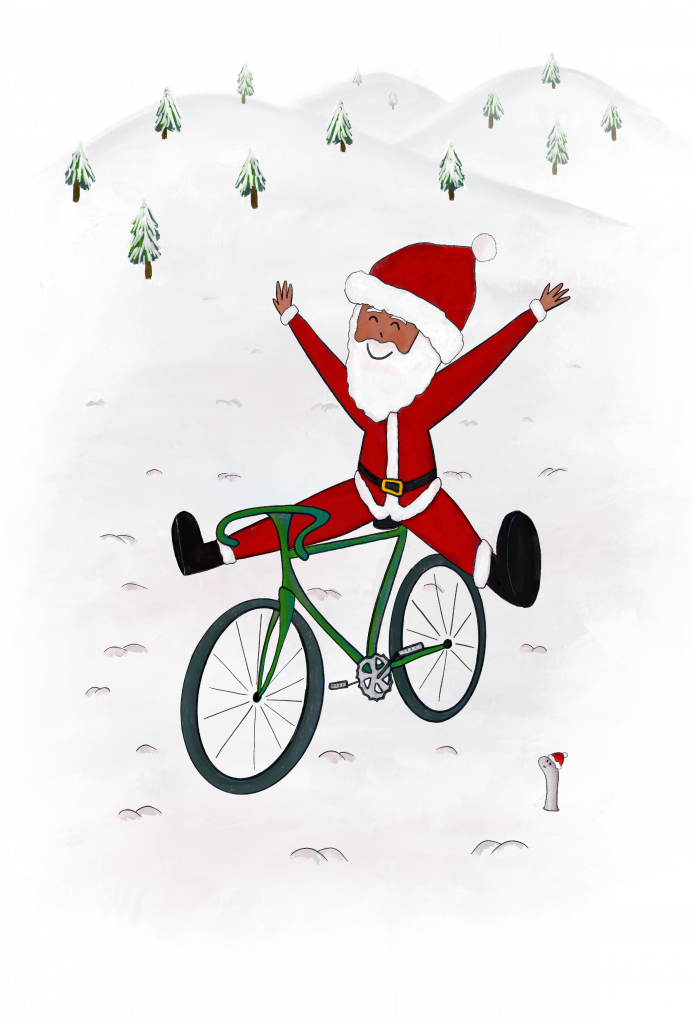 Illustration of Father Christmas freewheeling down a hill on a bicycle